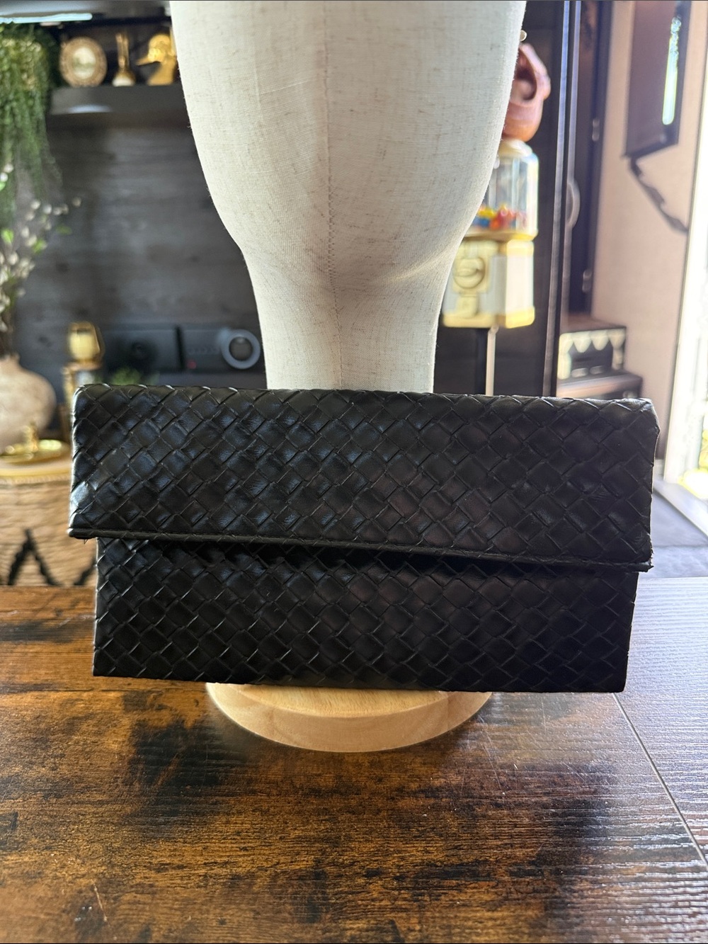 Woven Leather Fold-Over Clutch - Black